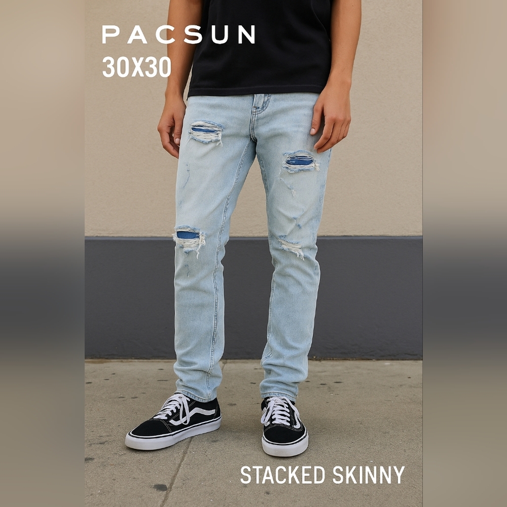 PacSun Men’s Light Wash Stacked Skinny Distressed Jeans Cotton Spandex Size30x30